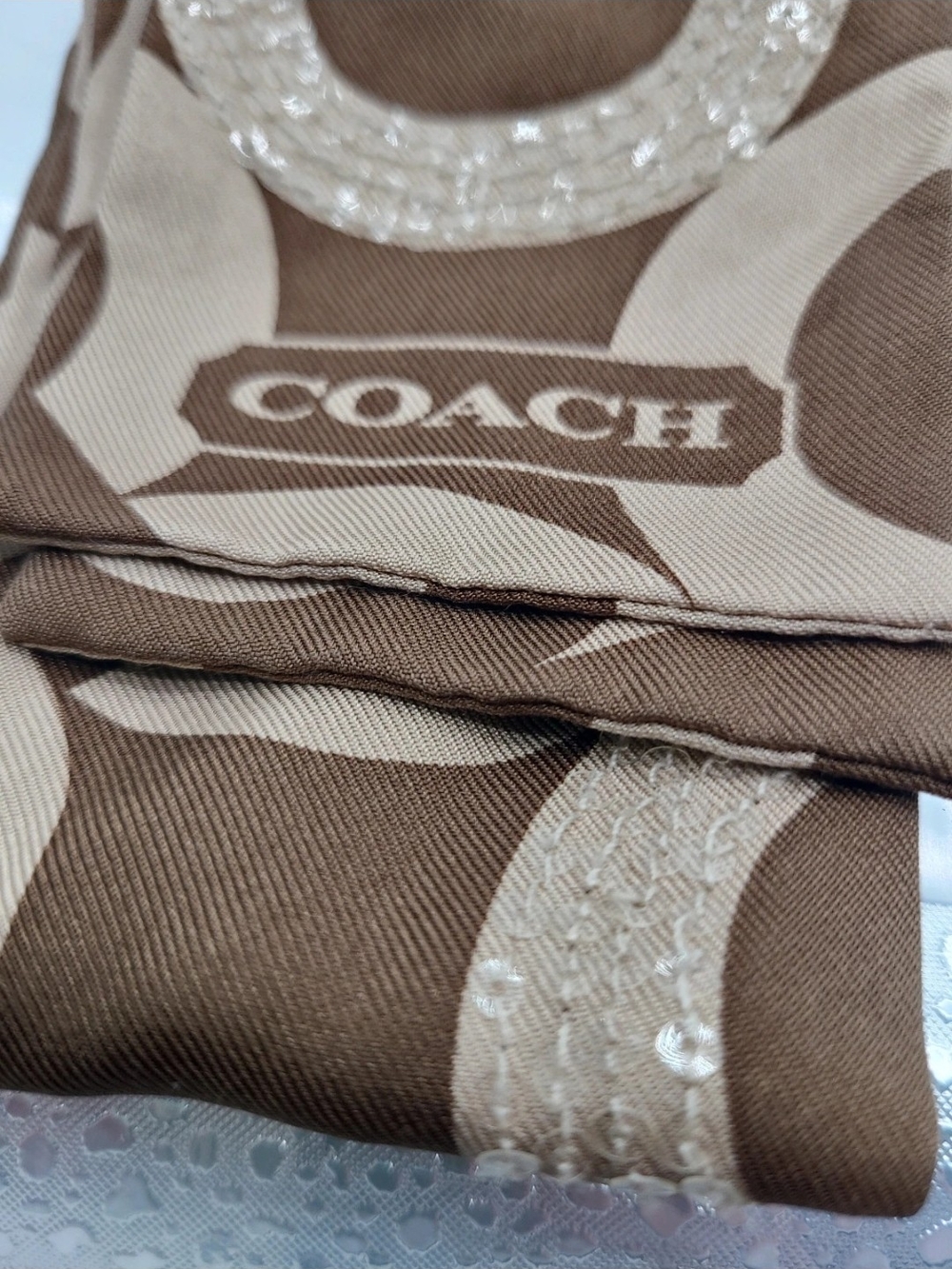 COACH Brown & Tan Signature Sequinef Circle Print Silk Scarf Tie - Picture 6 of 7